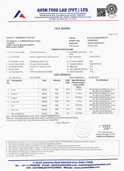 Avon Food Lab test report with various certifications and details.