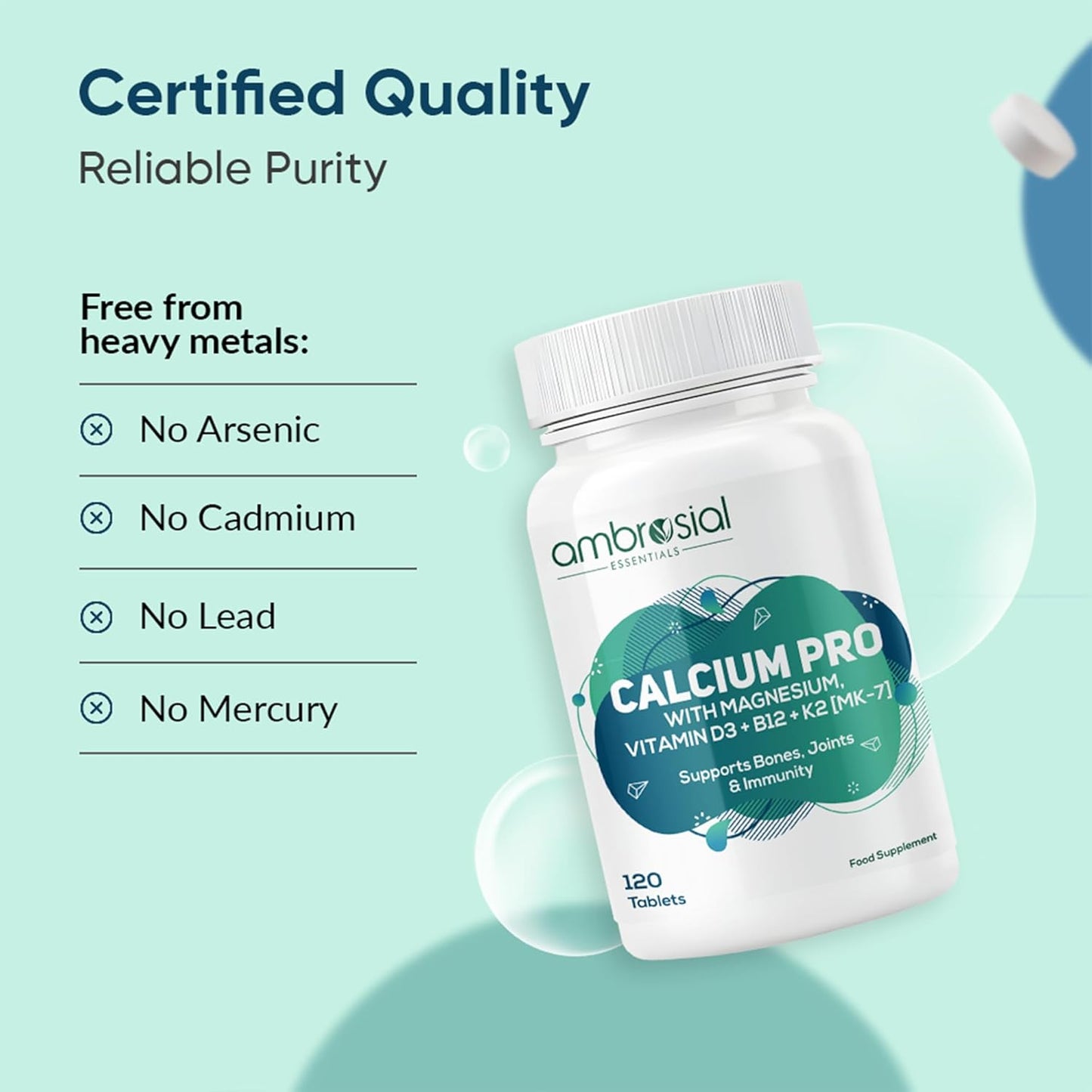 Ambrosial Calcium Pro supplement bottle with certification of quality on a light blue background
