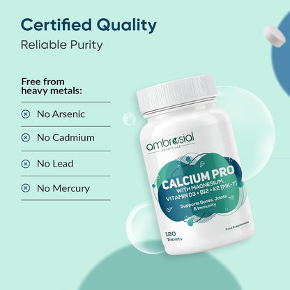Ambrosial Calcium Pro supplement bottle with certification of quality on a light blue background