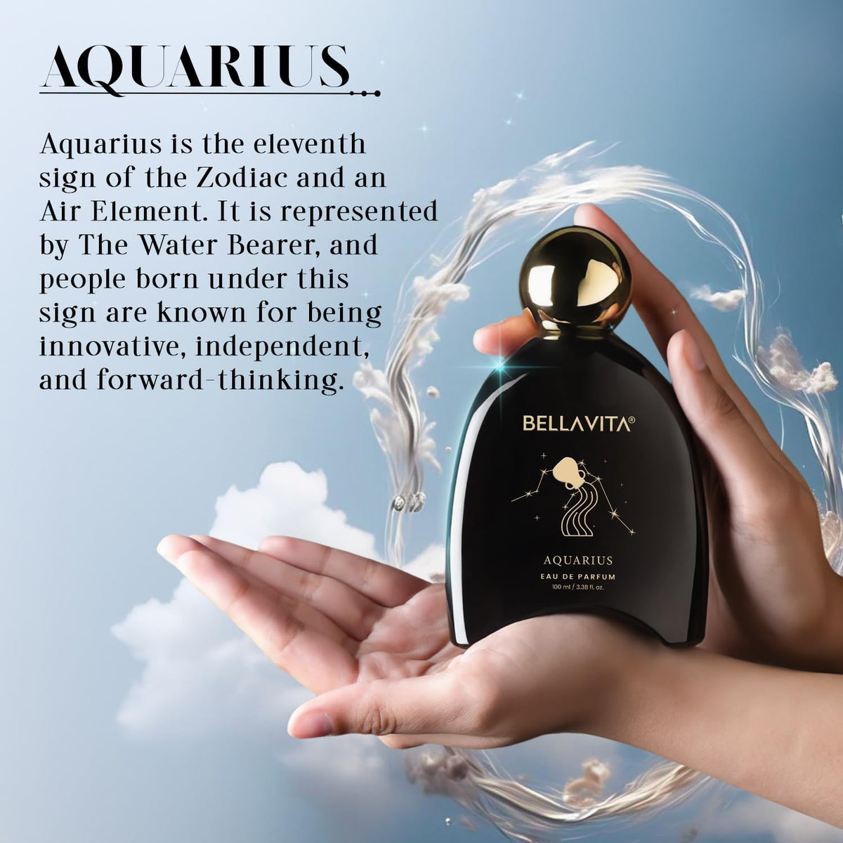 Bellavita Aquarius perfume bottle held in a hand with water splashes on a light blue background