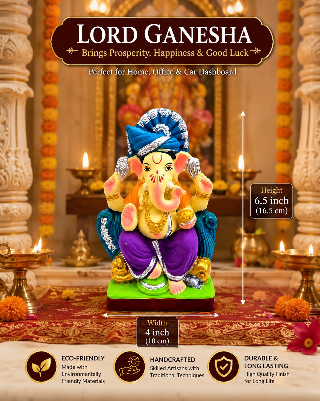 DORAYA EARTH CREATION Clay Ganpati Murti Handmade Eco-Friendly Multicolour Ganesh Idol for Home Temple, Ghar Pooja, Ganesh Chaturthi Decoration, Office Desk & Festive Gift | 6.5 Inch (6 INCH)