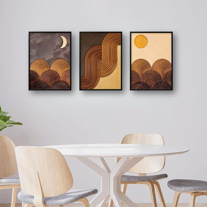 Mid-Century Modern Wall Art Set of 3 - Abstract Geometric Prints for Living Room Decor - Boho Sun and Moon Landscape Art With Frame