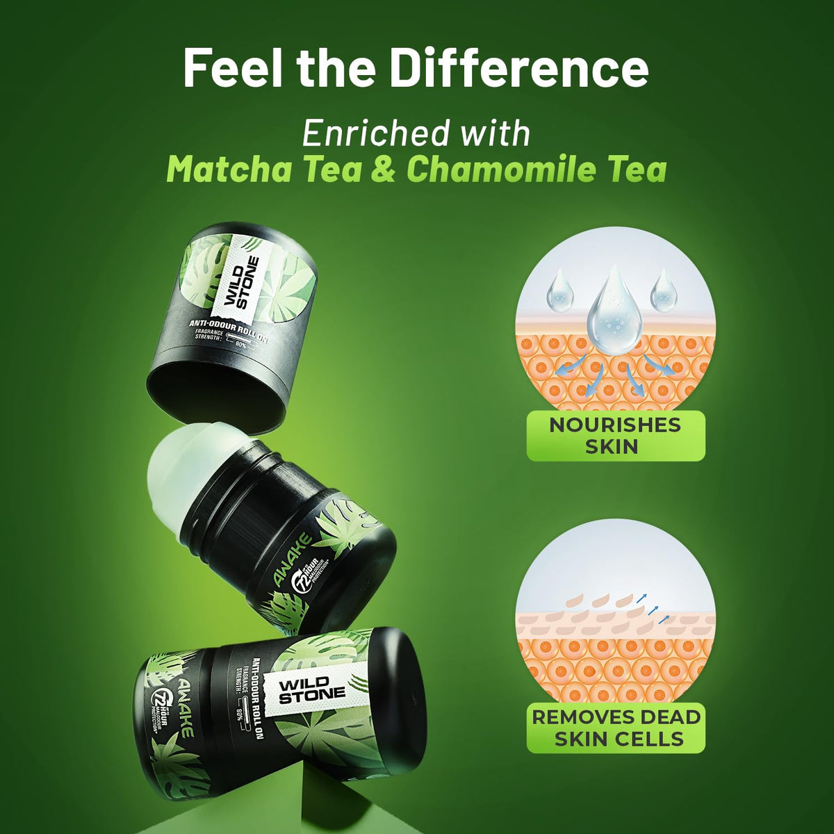 Product packaging with matcha tea and chamomile tea text on a green background