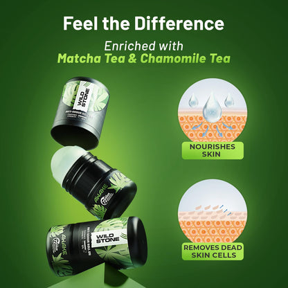 Product packaging with matcha tea and chamomile tea text on a green background