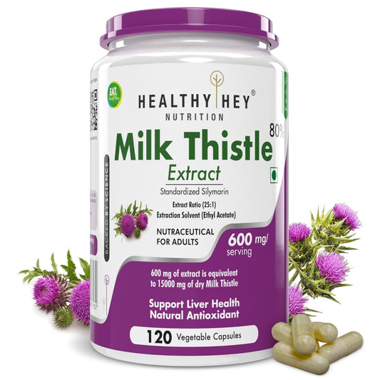 Healthy Hey Nutrition Milk Thistle Extract supplement bottle with capsules and milk thistle plants on a white background