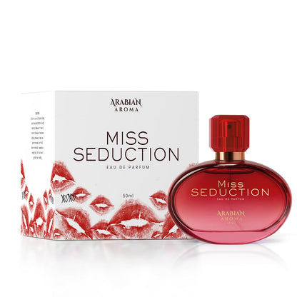 Red perfume bottle and packaging of 'Miss Seduction' by Arabian Aroma on a white background