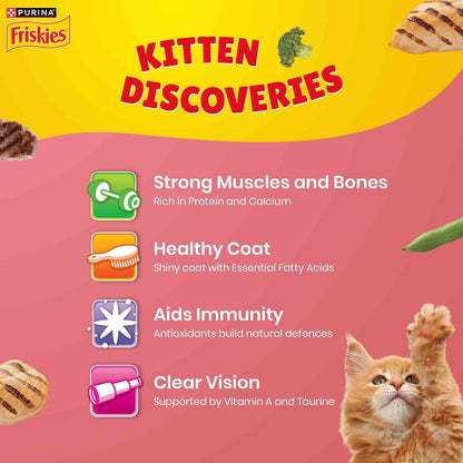 Purina Friskies Kitten Discoveries, Dry Food for Kitten, 1kg Pack | With Tuna, Chicken, Milk, Vegetables & Whole Grain Flavours, 100% Complete & Balanced Kitten Nutrition, DHA, Calcium, Protein