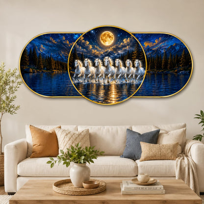 7 Running Horses Moonlight Wall Painting for Living Room Bedroom Decor, Blue Mountain Lake Round Art with Premium PVC Golden Frame (16 x 35 Inch)