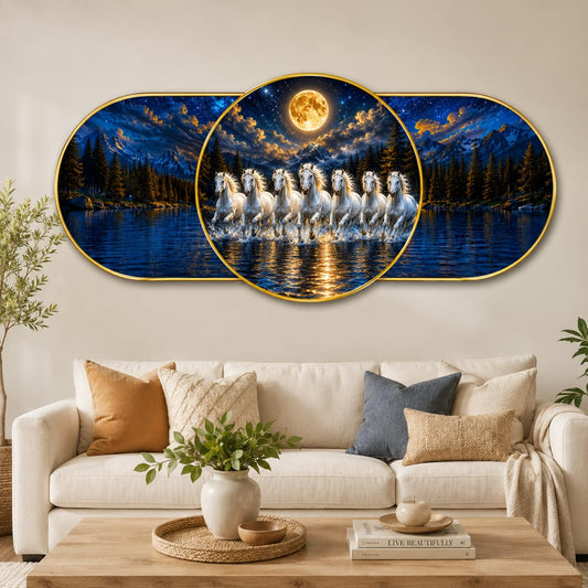 7 Running Horses Moonlight Wall Painting for Living Room Bedroom Decor, Blue Mountain Lake Round Art with Premium PVC Golden Frame (16 x 35 Inch)