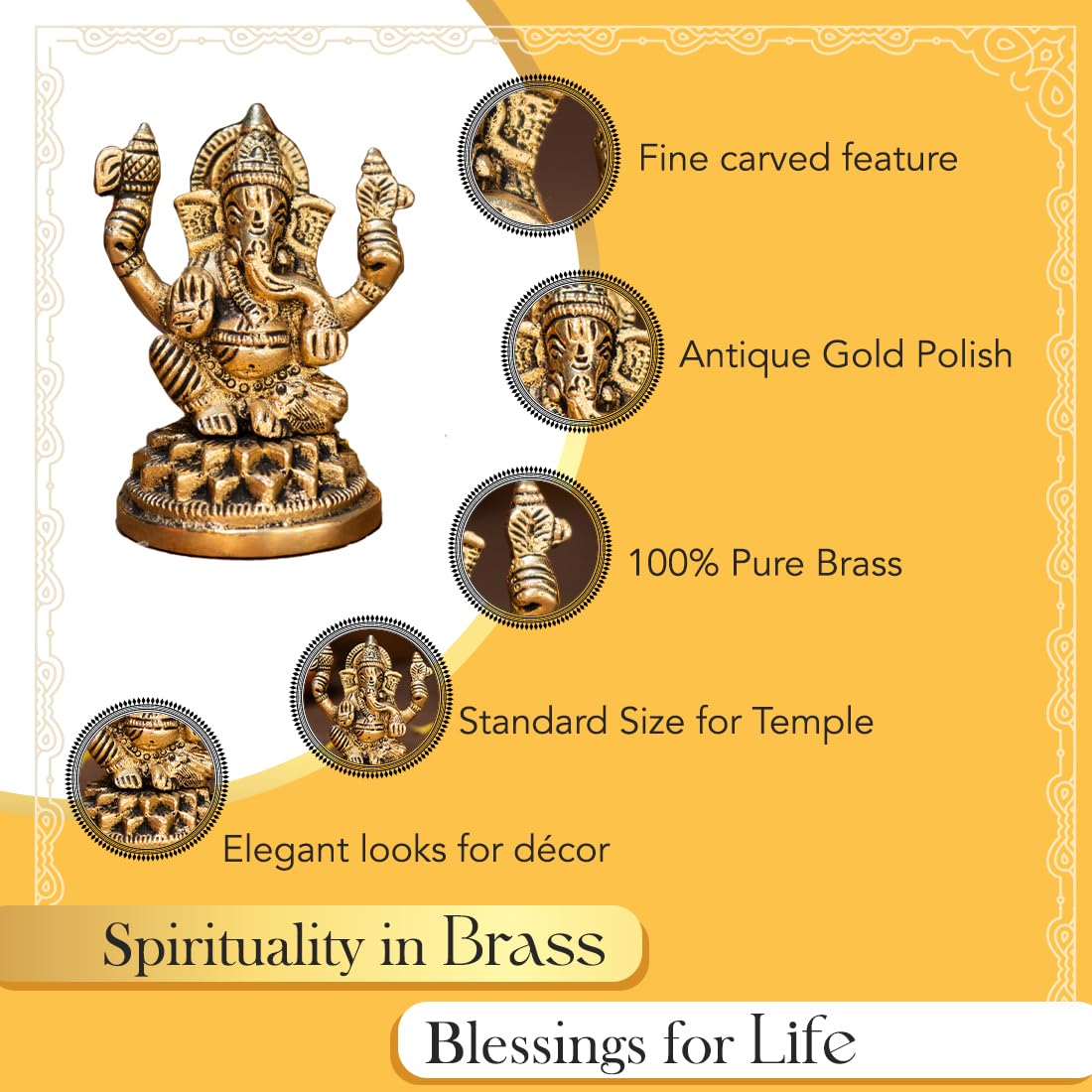 100% Pure Brass Ganesha Idol (Size: 8.4 cm) | Pital Ganesh Murti for Pooja Room, Home Decor, Office Desk and Car Dashboard | Vinayagar Statue for Diwali Puja