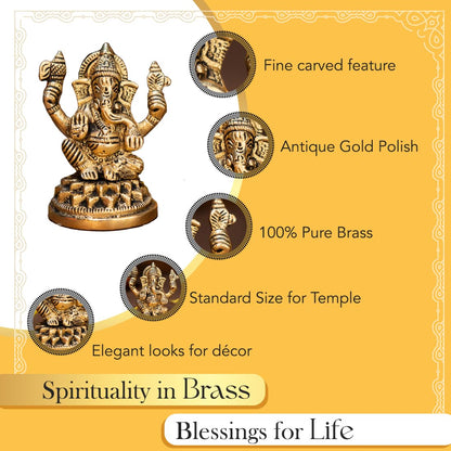 100% Pure Brass Ganesha Idol (Size: 8.4 cm) | Pital Ganesh Murti for Pooja Room, Home Decor, Office Desk and Car Dashboard | Vinayagar Statue for Diwali Puja