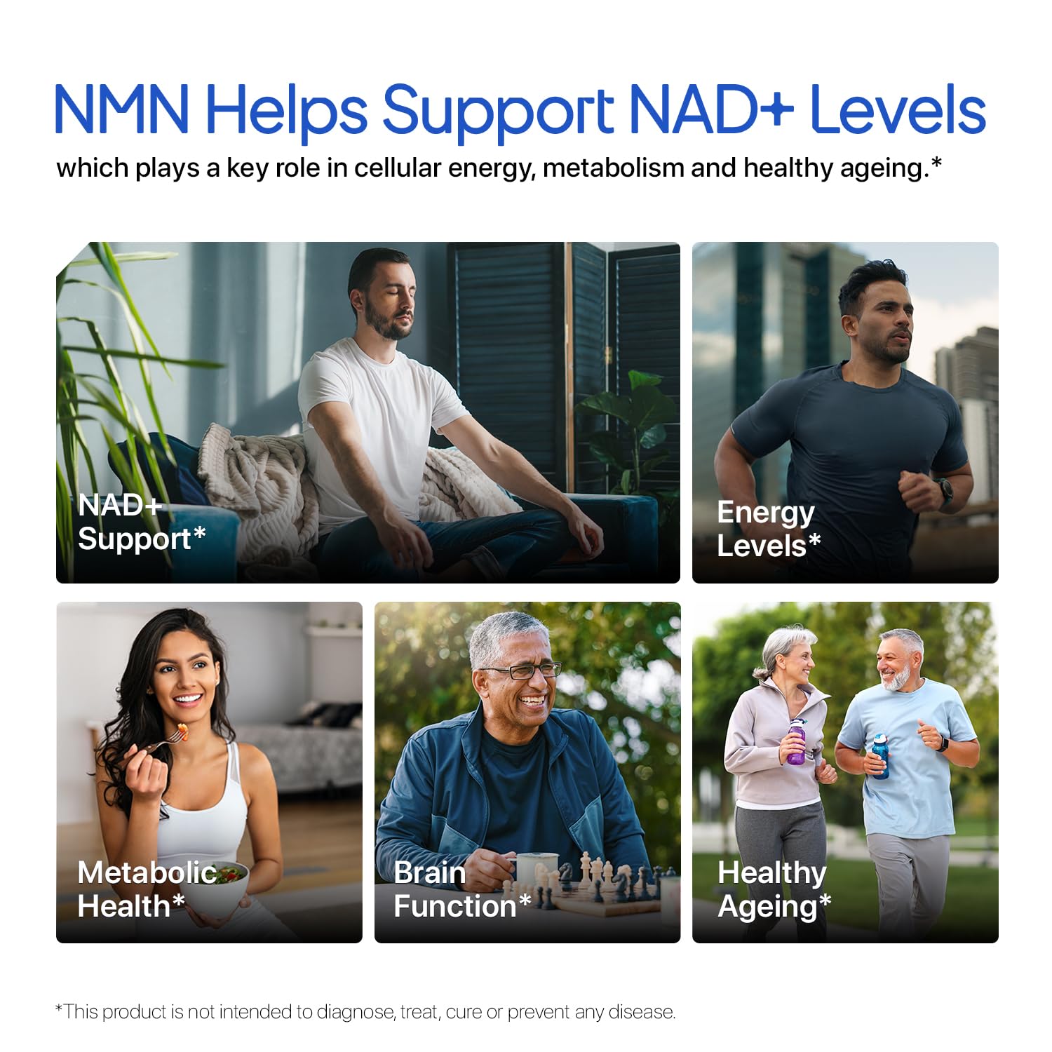Advertisement for NMN supplements showing people with text about NAD+ support, energy levels, metabolic health, brain function, and healthy ageing.