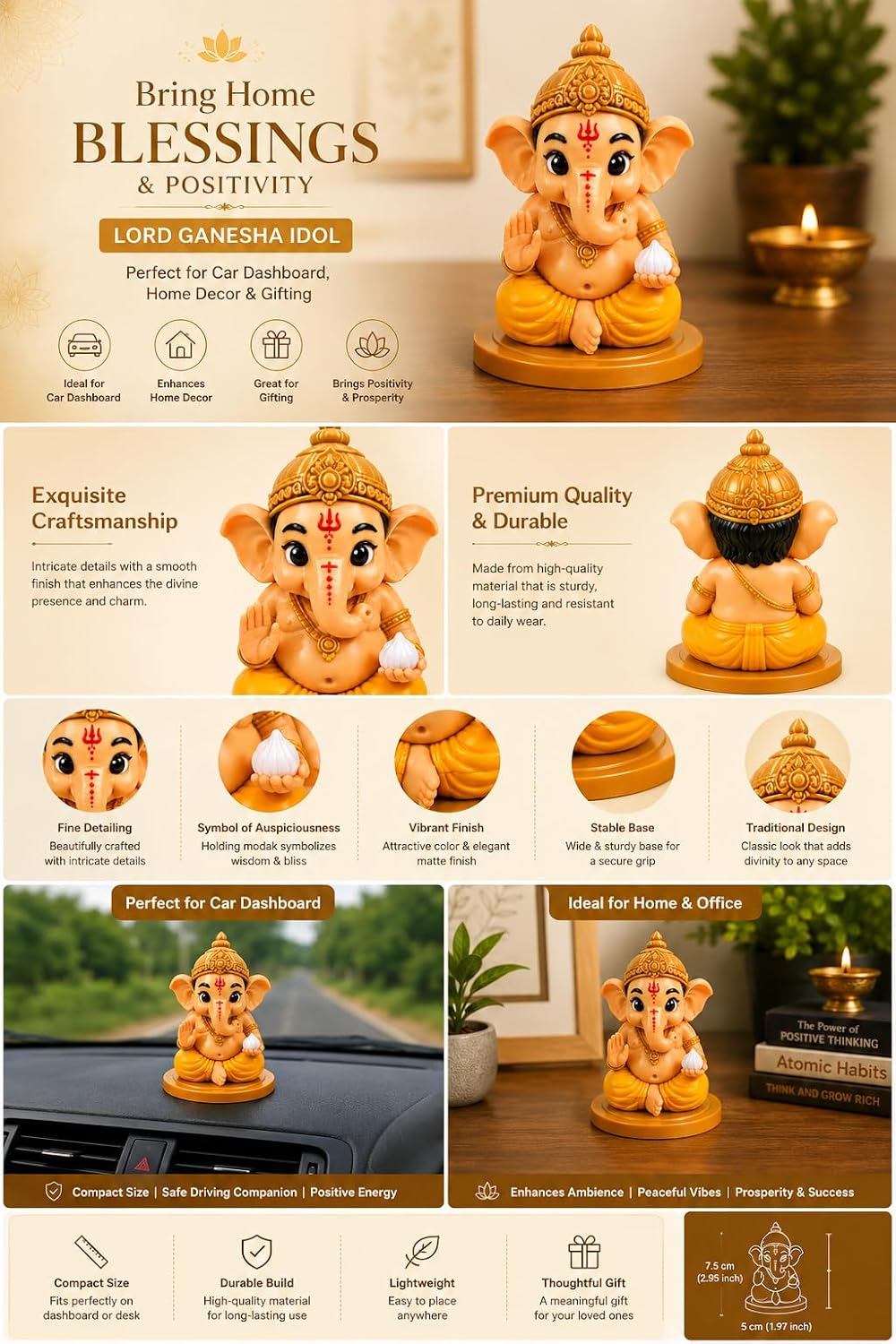 VASPAR Baby Ganesha Idol Cute Ganpati Figurine with modak Hindu God Statue for Car Dashboard, Pooja Room & Home Decor | Premium Finish Spiritual Gift Golden & White Yellow