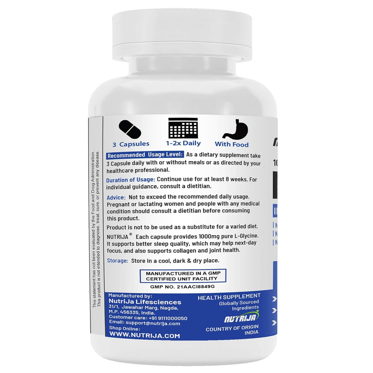 NutriJa L-Glycine 1000mg- 180 Veg Capsules | Support Healthy Sleep | Faster Recovery & Improves Joint