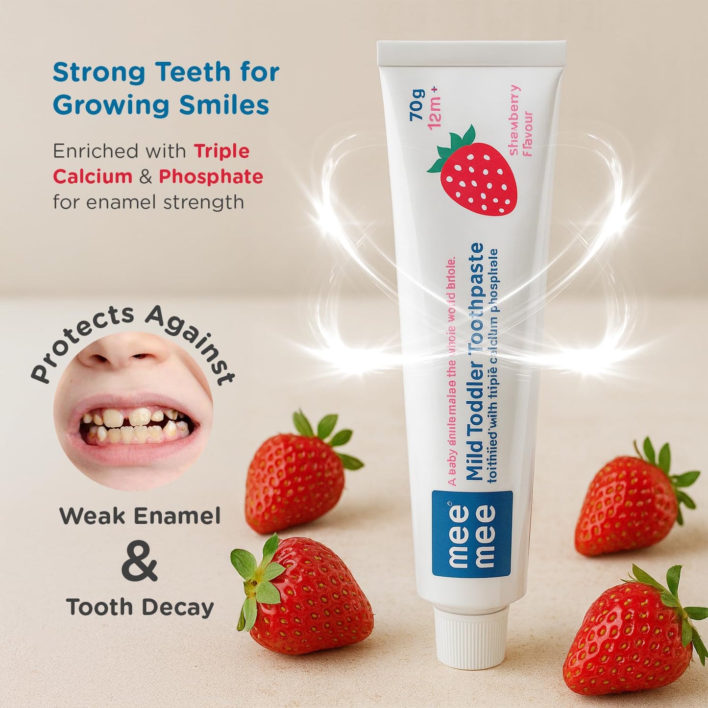 Mee Mee Kids Toothbrush & Toothpaste Combo | For Babies & Toddlers (6 Months–3 Years) | Fluoride-Free, Safe to Swallow, Strawberry Flavour, Soft Bristles, Foldable Car-Shaped Brush (Red)