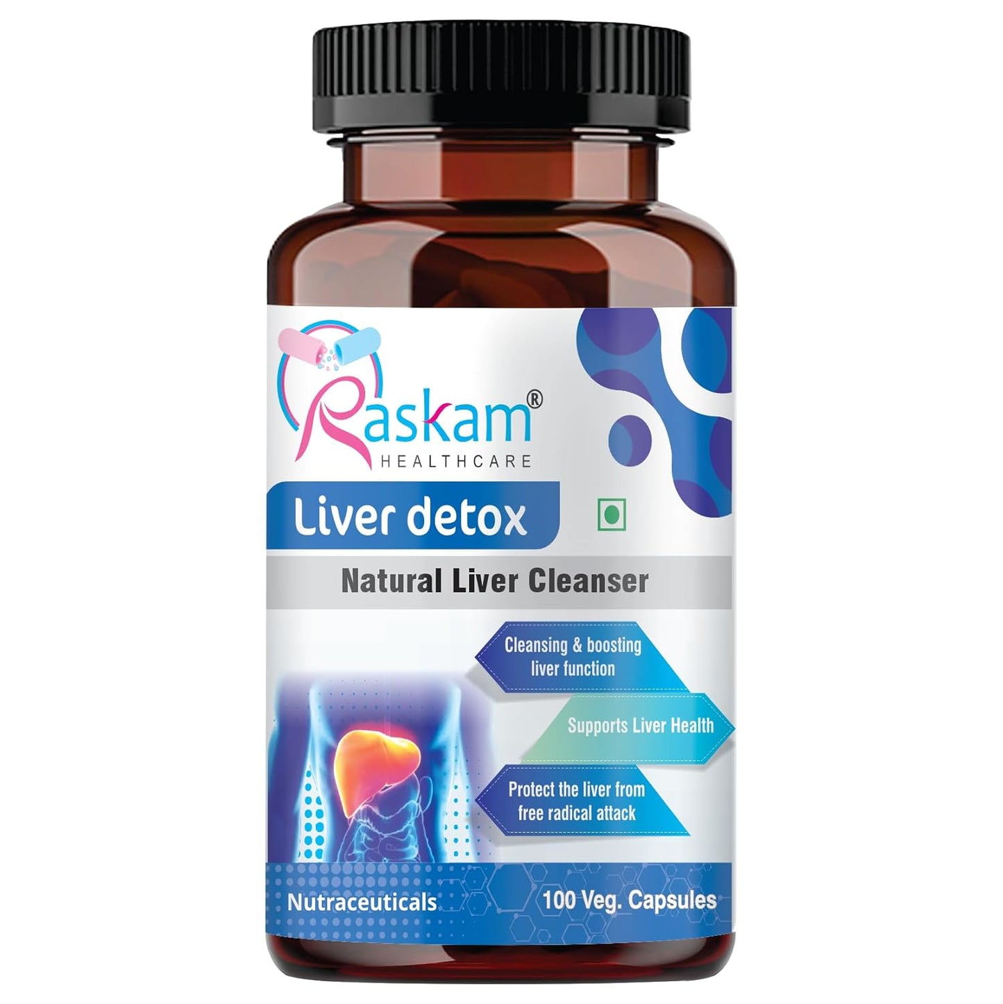 Raskam Healthcare Liver Detox supplement bottle on a white background