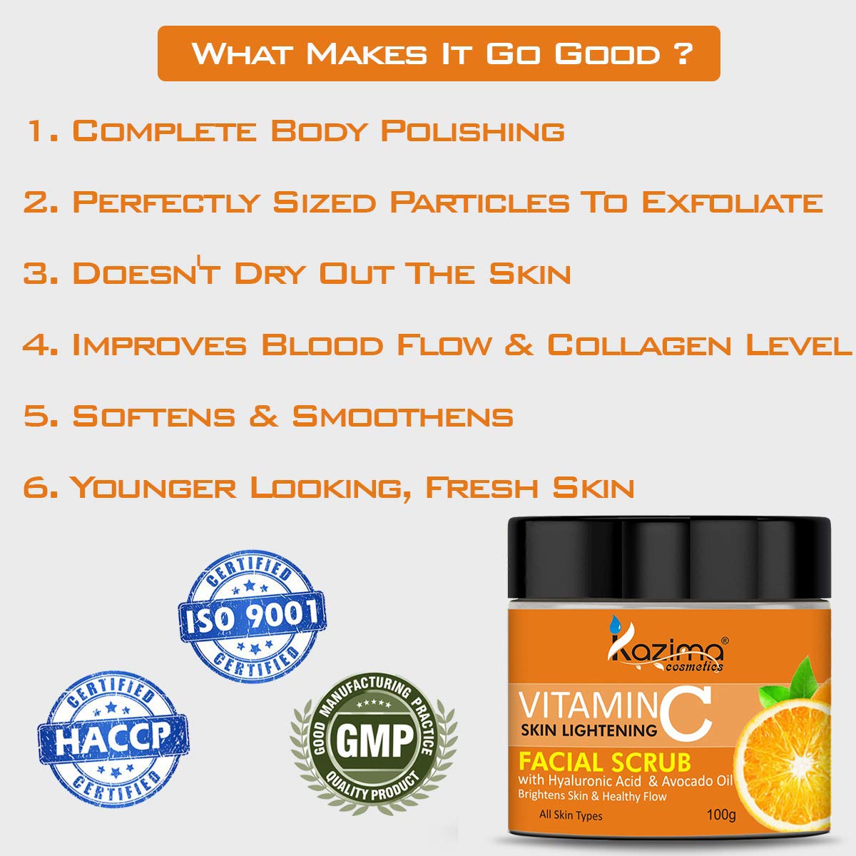 KAZIMA VITAMIN C Face Scrub (100g) with Hyaluronic Acid & Avocado Oil