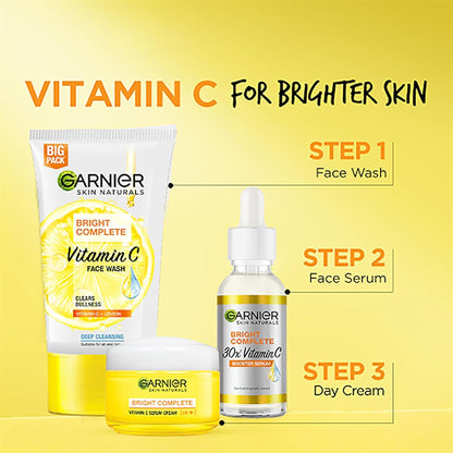 Garnier skin care products with steps for brighter skin on a yellow background