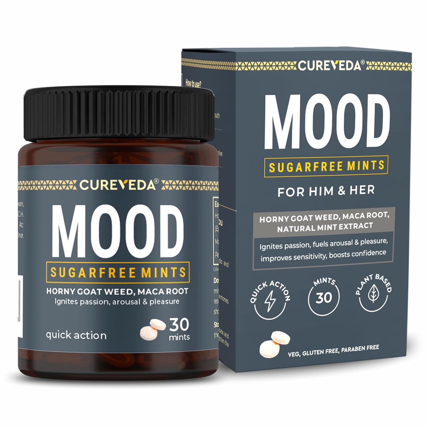Cureveda Mood sugarfree mints packaging with jar on a white background