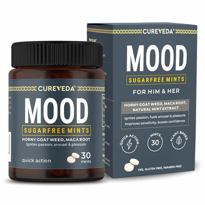 Cureveda Mood sugarfree mints packaging with jar on a white background