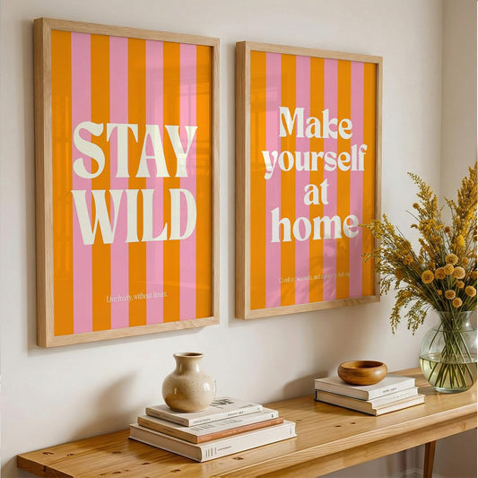 Stay Wild Make Yourself At Home Wall Art Set of 2 Framed Paintings | Orange Pink Retro Typography Poster | Bedroom Living Room Home Décor (Art 8, 10x13 Inches)