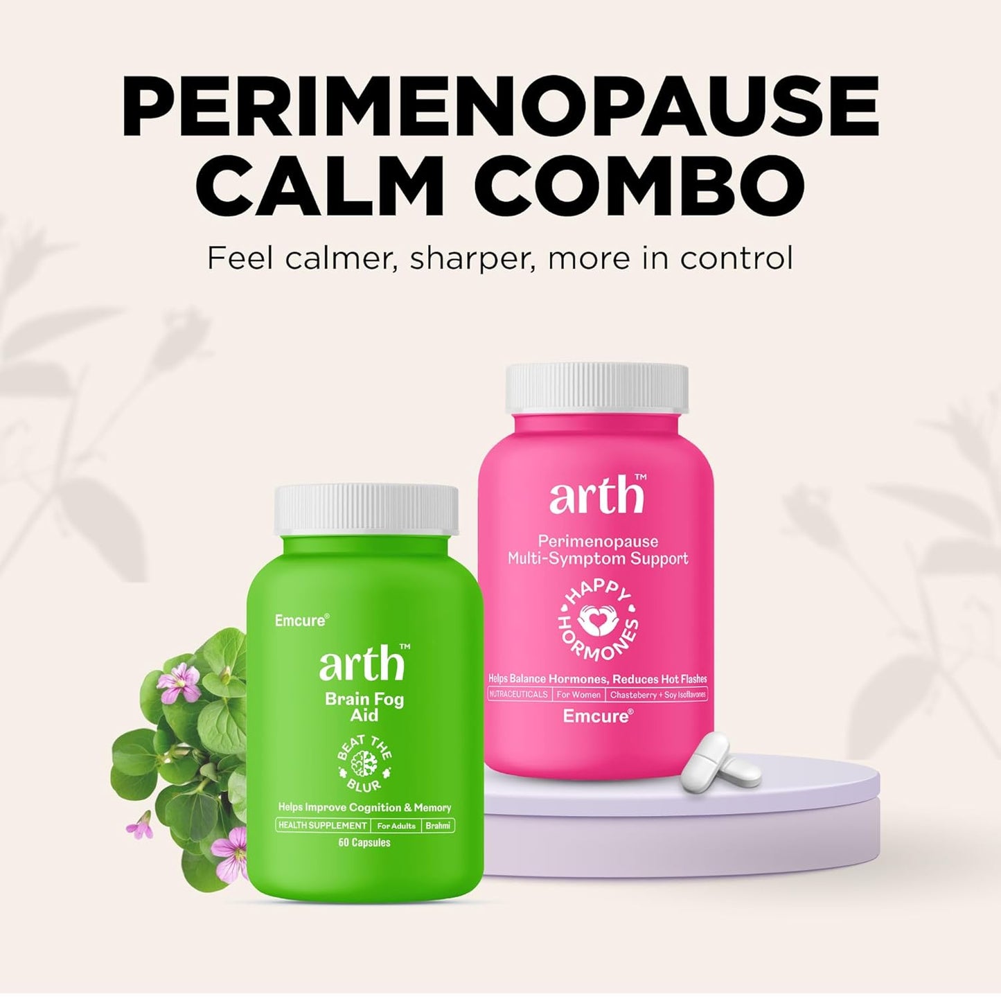 Arth Hormone Balance & Brain Fog Combo for Women | Perimenopause Support Tablets for hot flashes & night sweats + Enhanced absorption Brahmi Capsules for Memory, Focus & Mental Clarity Support