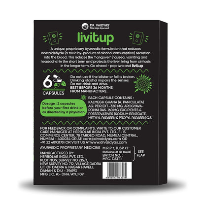 Dr. Vaidya's Livitup | Hangover Shield & Liver Protector | Helps Prevent Acidity, Nausea & Headache | Kalmegh Ghan & Arogyavardhini Rasa | (6 Capsules) Pack Of 5