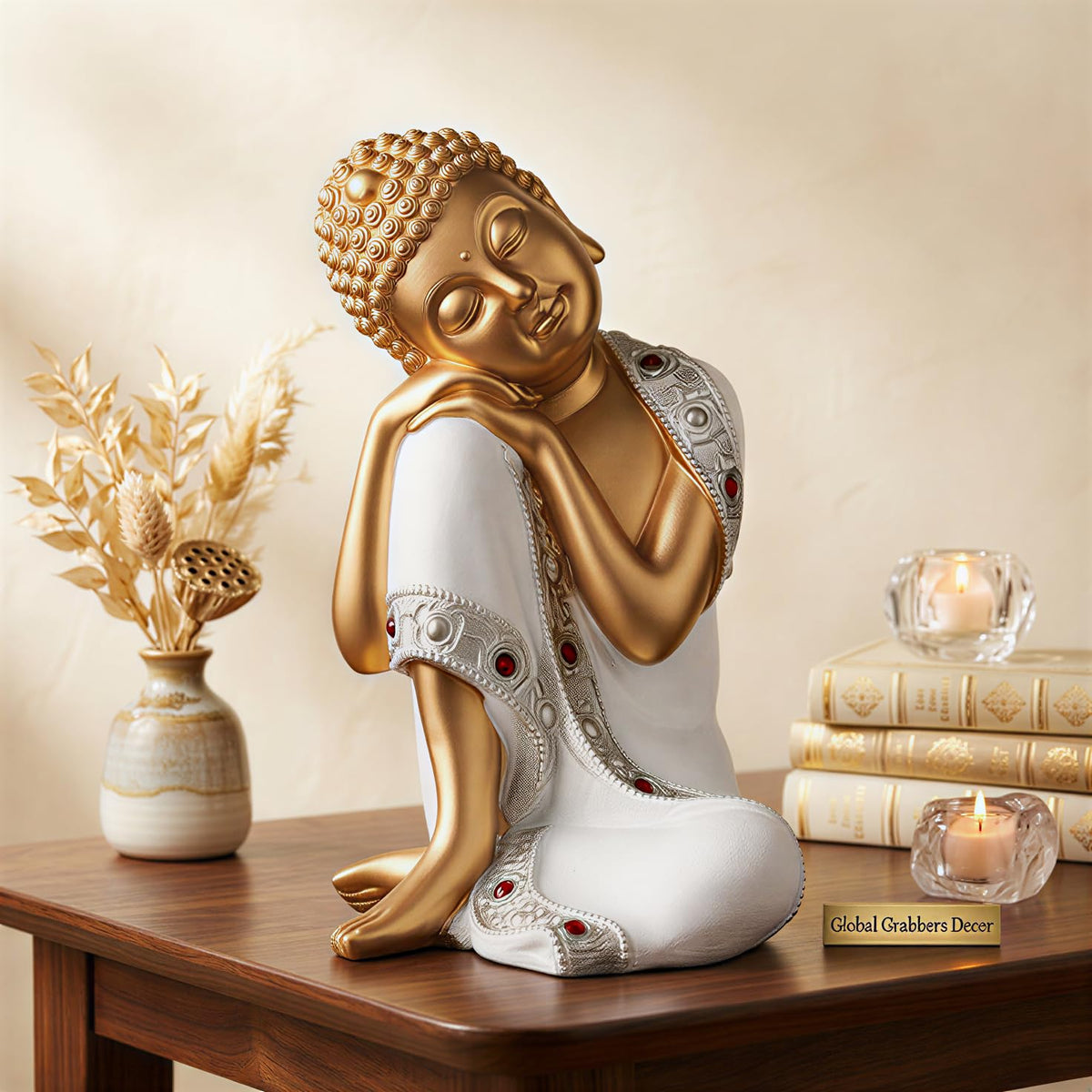 Buddha Idol Statue | Show Pieces for Home Decor Living Room (White Golden)