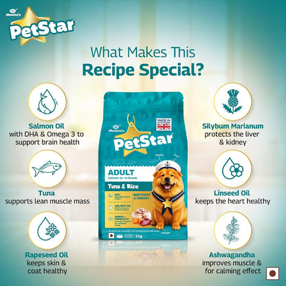 Petstar Adult Dry Dog Food 1 kg, Tuna & Rice Formula, High Protein, Easy Digestion, Immunity Support, No Artificial Flavours or Added Sugar