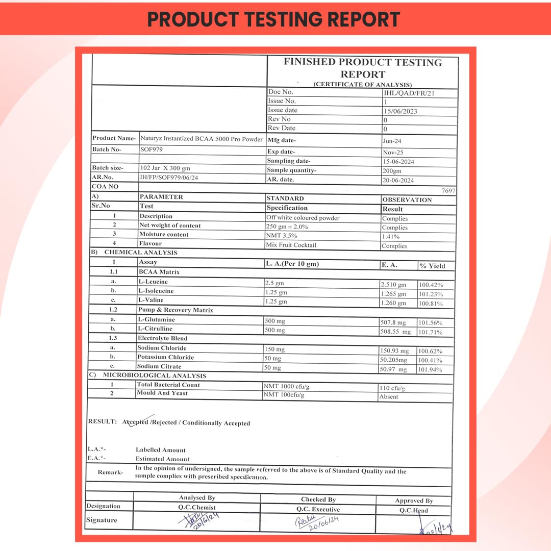Product testing report with a red border on a white background