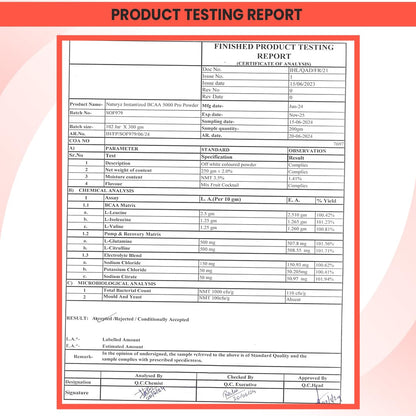 Product testing report with a red border on a white background
