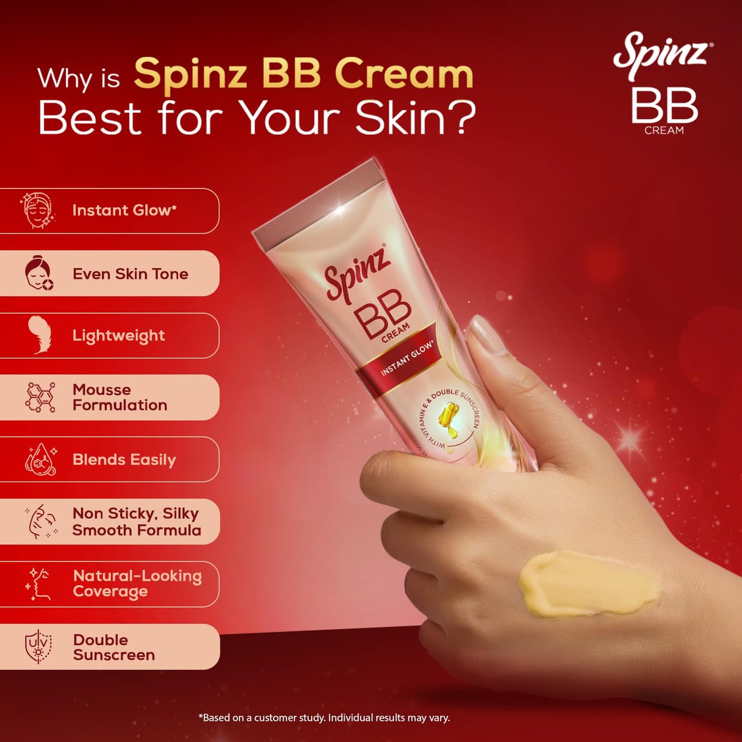 Spinz BB Cream | Instant Glow, Even Skin Tone & Natural Coverage | Lightweight, Non-Sticky Mousse Formula | With Vitamin E and Double Sunscreen Protection (29g)