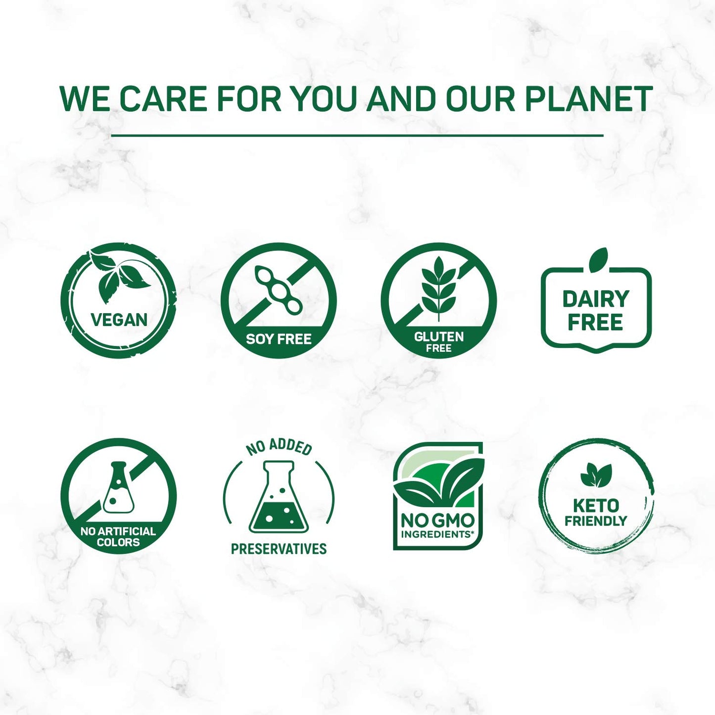 Set of green icons indicating dietary and health-friendly attributes on a light background.