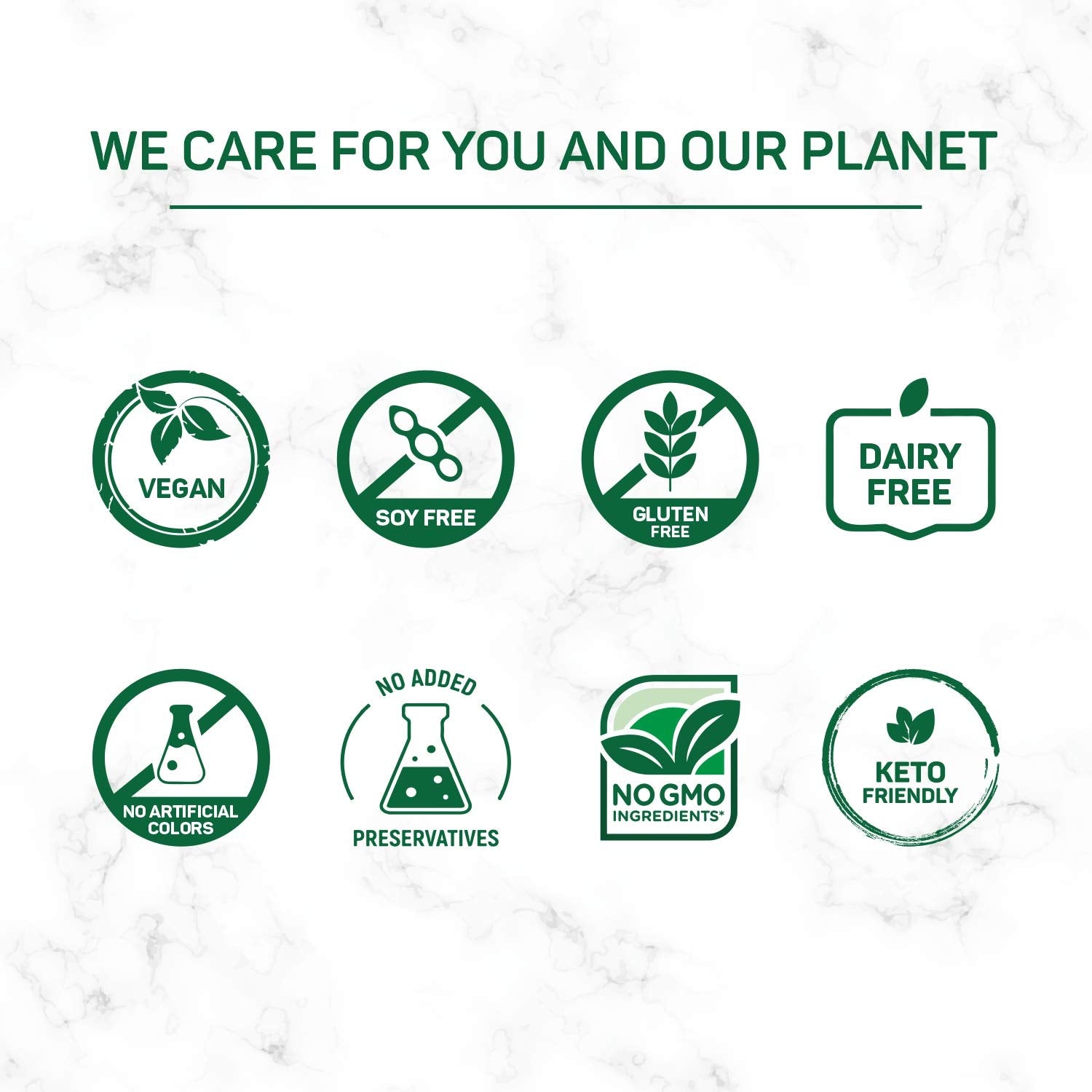 Set of green icons indicating dietary and health-friendly attributes on a light background.