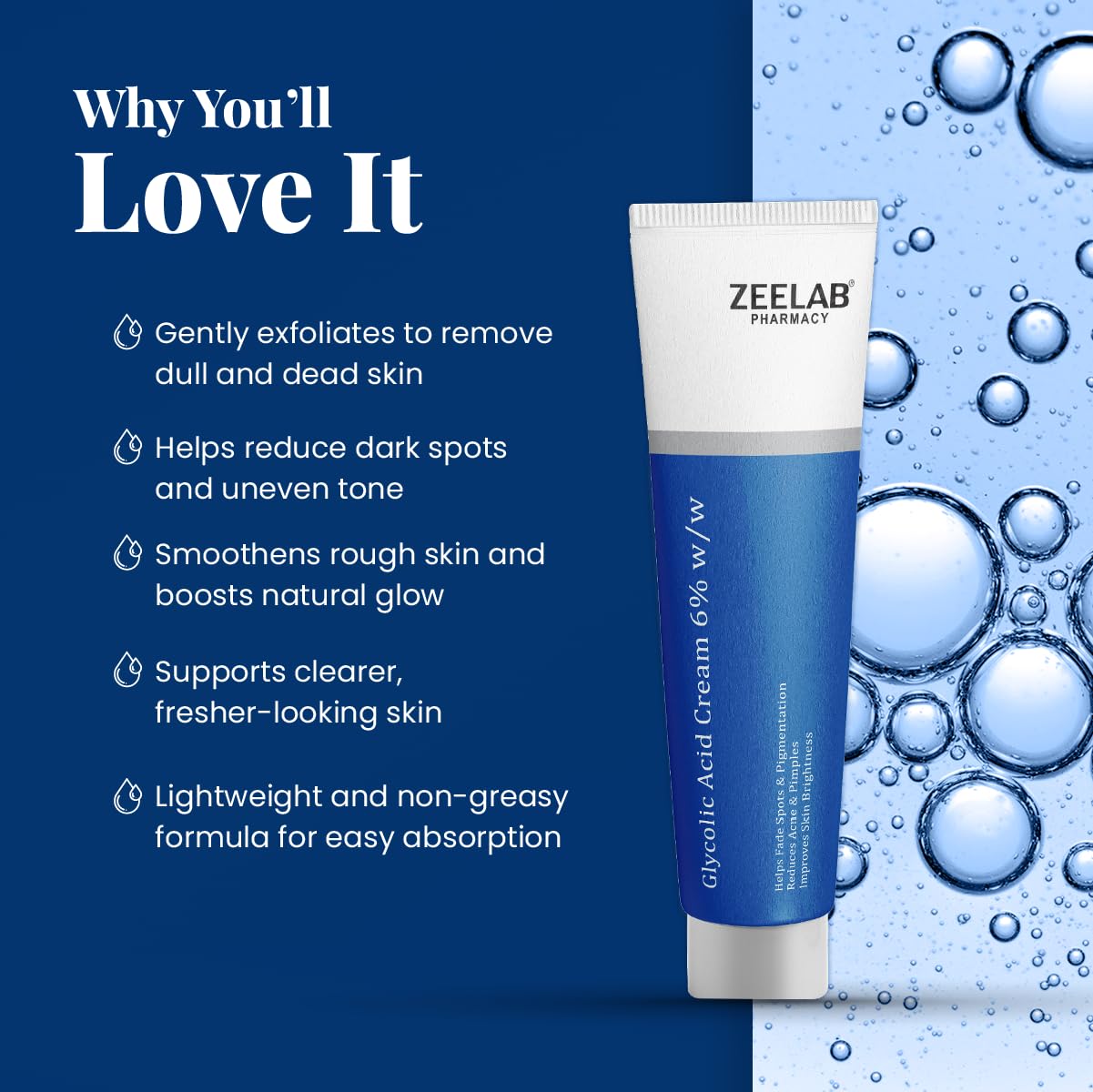 Zeelab Glycolic Acid 6% Cream for Acne, Dark Spots, Oily & Dry Skin, Acne Scars & Pigmentation – Exfoliating & Brightening 6 Percent Glycolic Acid Cream for Face – Dermatologist Recommended – 30g