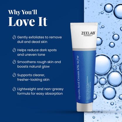 Zeelab Glycolic Acid 6% Cream for Acne, Dark Spots, Oily & Dry Skin, Acne Scars & Pigmentation – Exfoliating & Brightening 6 Percent Glycolic Acid Cream for Face – Dermatologist Recommended – 30g