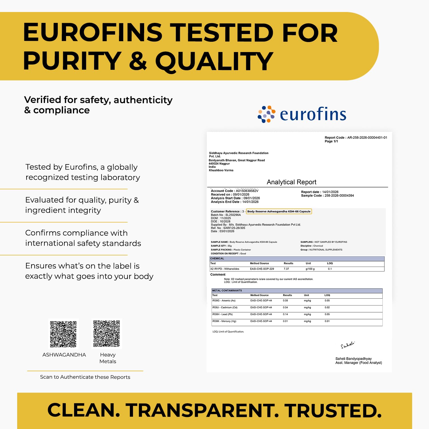 Eurofins testing certificate for purity and quality with a yellow banner at the top and bottom.