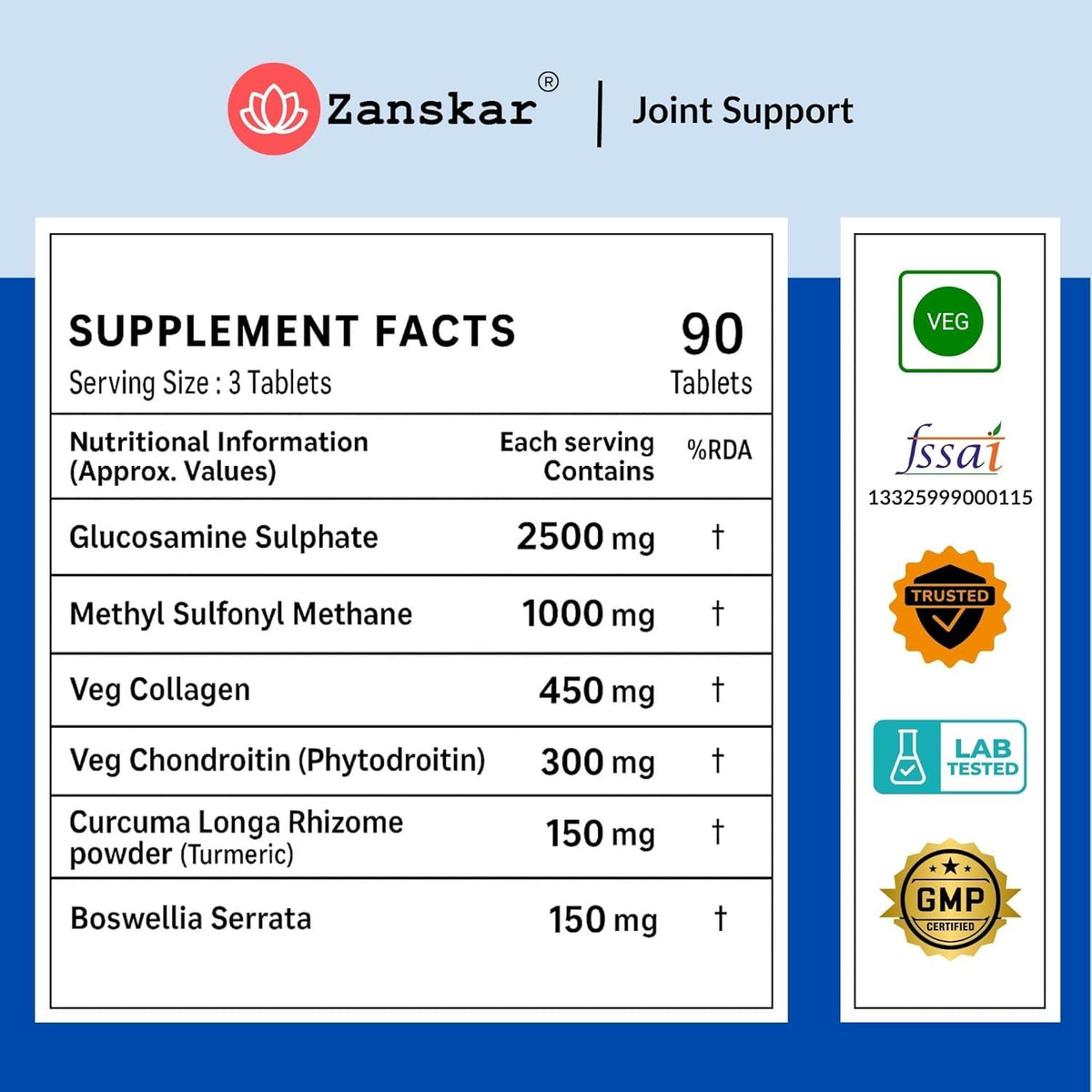 Zanskar Joint Support Supplement (30 Tablets) | 100% Veg - Glucosamine, Chondroitin, MSM, Collagen & Curcumin (4500mg) | Supports Joint Comfort, Flexibility & Mobility