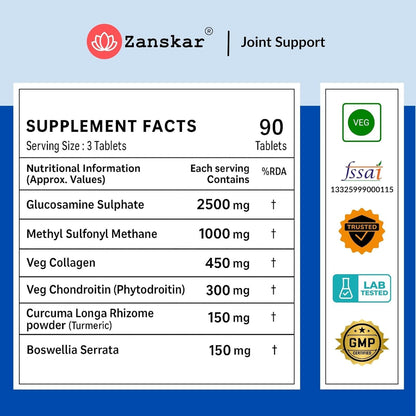 Zanskar Joint Support Supplement (30 Tablets) | 100% Veg - Glucosamine, Chondroitin, MSM, Collagen & Curcumin (4500mg) | Supports Joint Comfort, Flexibility & Mobility