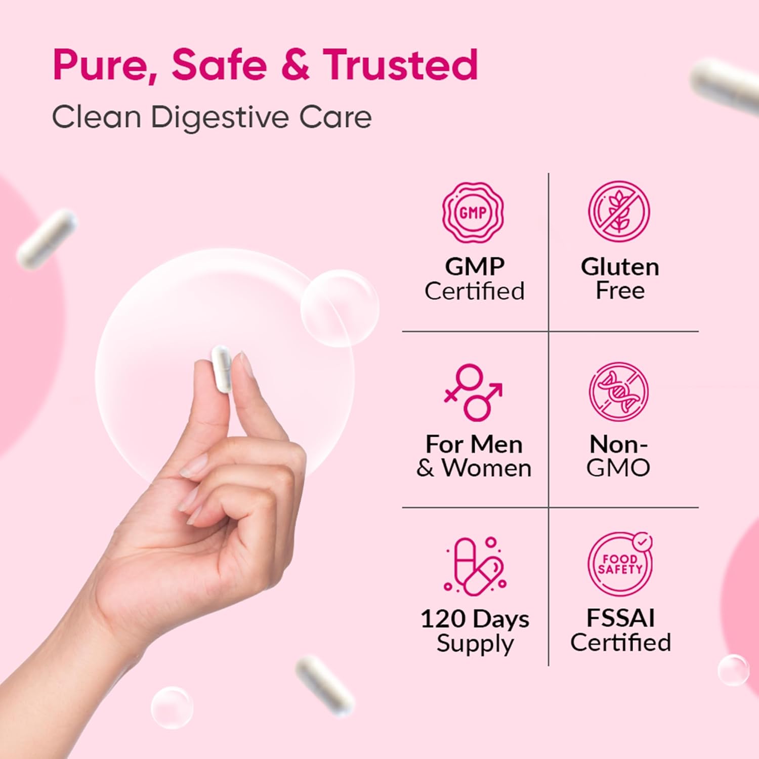 Product packaging with certification icons and a hand holding a white container on a pink background.