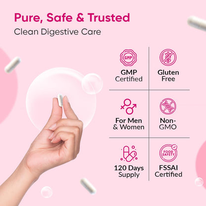 Product packaging with certification icons and a hand holding a white container on a pink background.