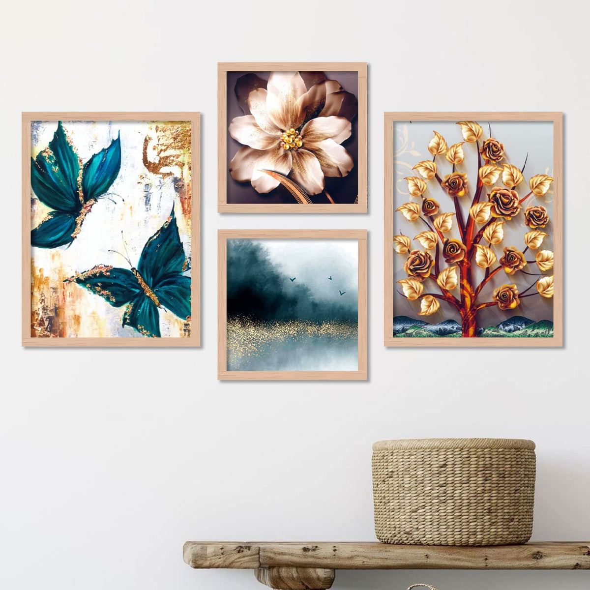 Wood Premium Digital Paintings With Frame For Home Decoration - Painting For Living Room Bedroom Office - Pack Of 4 (A)