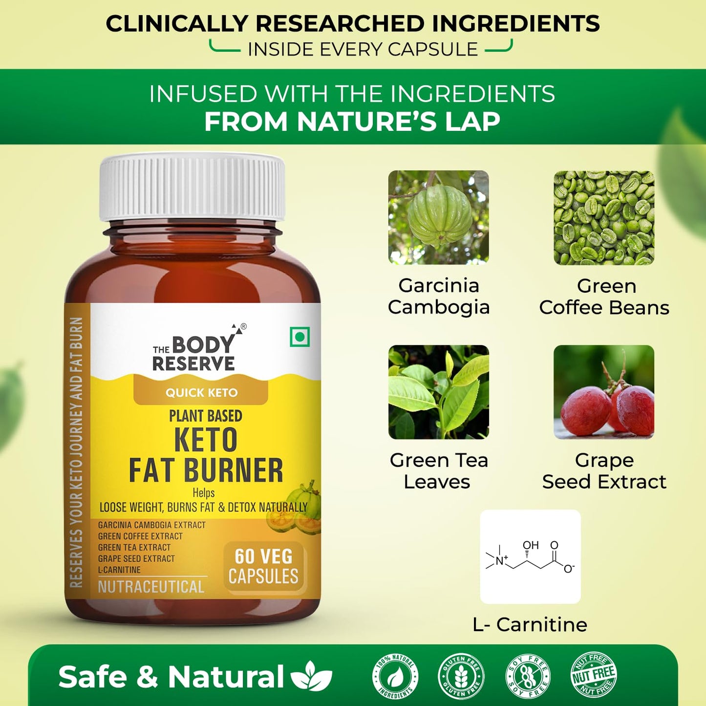 Body Reserve plant-based keto fat burner supplement bottle with nature-themed graphics and text.