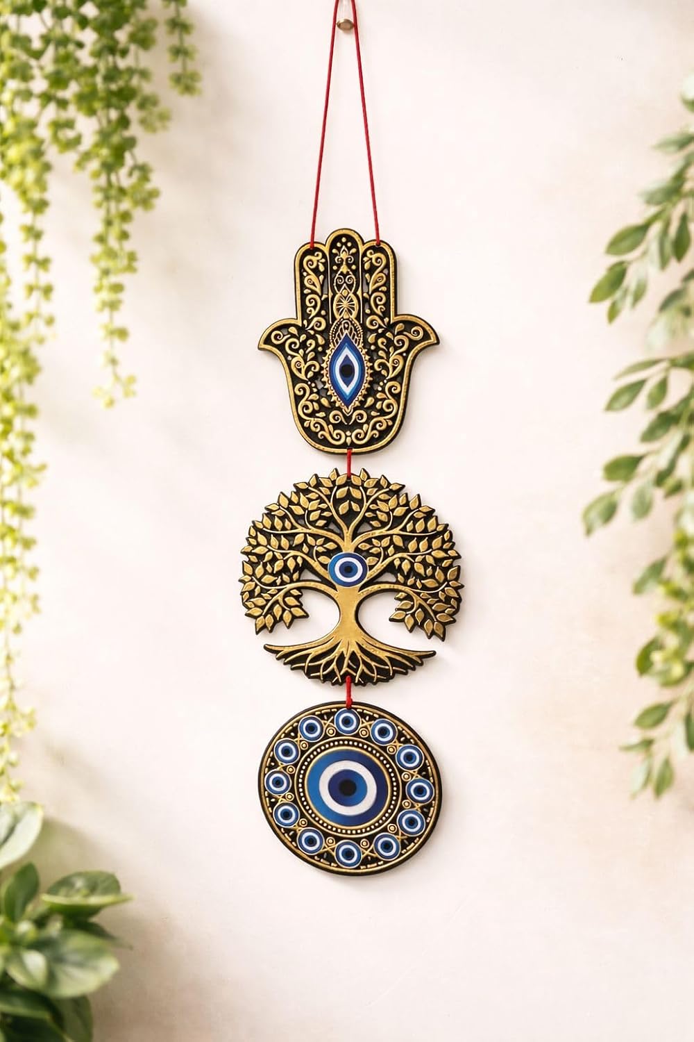 eCraftIndia Wooden Evil Eye Hamsa Hand Nazar Battu Wall Hanging for Home Office