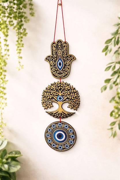 eCraftIndia Wooden Evil Eye Hamsa Hand Nazar Battu Wall Hanging for Home Office