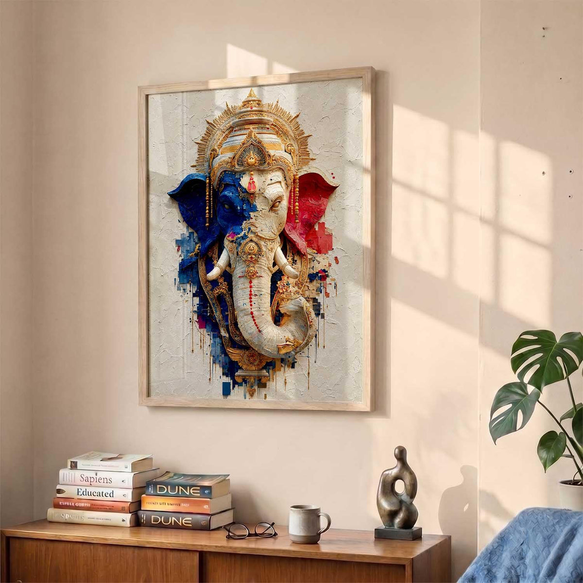 Hindu God Wall Art, 3D Textured Framed WALL ART Print, Religious Spiritual Painting for Pooja Room, Living Room, Temple, Home Decor – Multiple Deity Designs (design 4, 13X19, Brown)