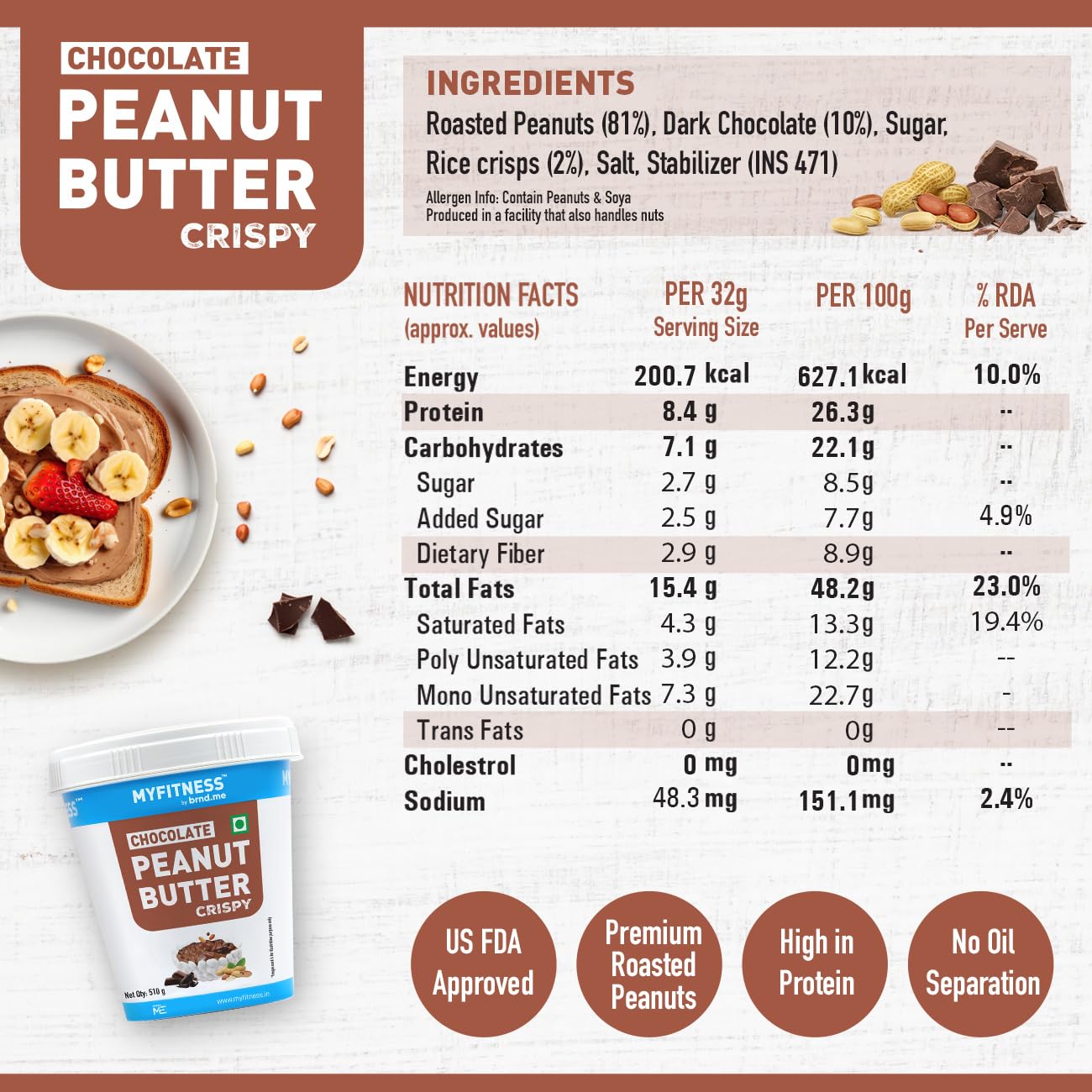 MYFITNESS Peanut Butter Chocolate Spread Crispy | 21g Protein & 8g Fiber | Healthier Nut Butter Spread for Breakfast, Snacks & Bread Treats | Cholesterol Free | Zero Trans Fat | Pure Roasted Nuts