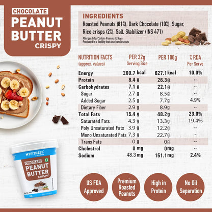 MYFITNESS Peanut Butter Chocolate Spread Crispy | 21g Protein & 8g Fiber | Healthier Nut Butter Spread for Breakfast, Snacks & Bread Treats | Cholesterol Free | Zero Trans Fat | Pure Roasted Nuts