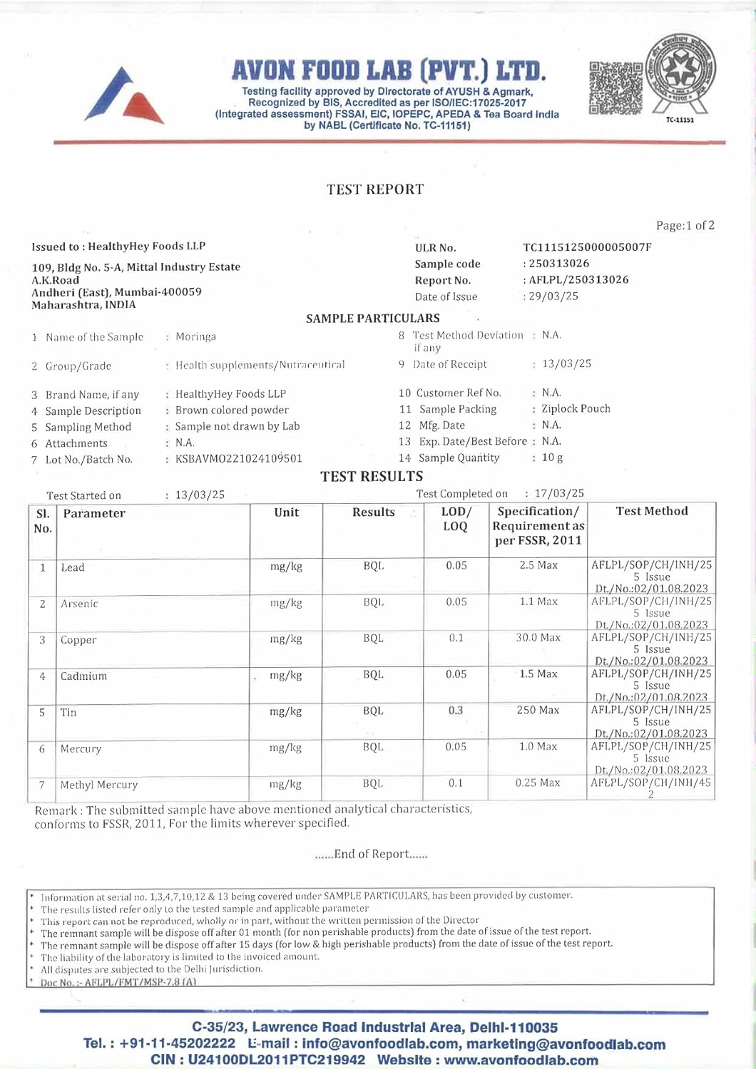Avon Food Lab test report with various test results and certification logos.