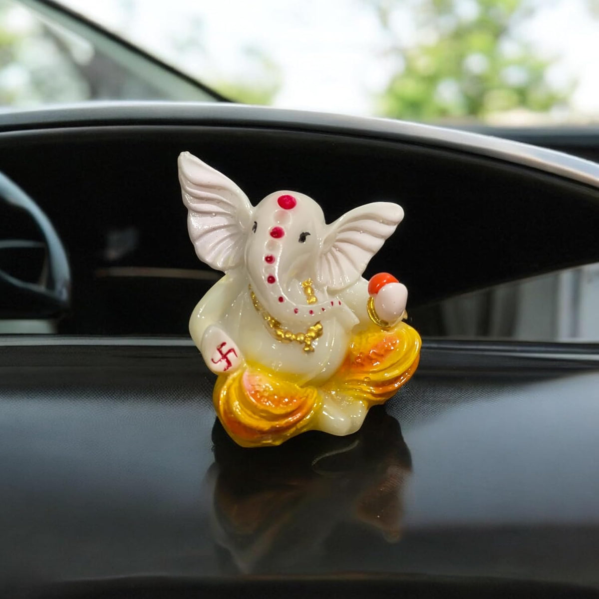 Lord Ganesha Idol for Car Dashboard | Composite Marble Ganesh | Available in White, Golden & Black | Small Sitting Ganpati Murti